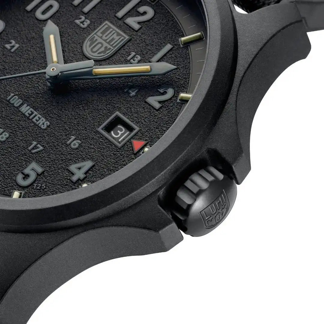 Side view of Luminox Atacama Field 1960 Series Watch Black 43mm XL.1961 highlighting the textured case, crown, and rugged black finish.  from  John Bull Clothing 