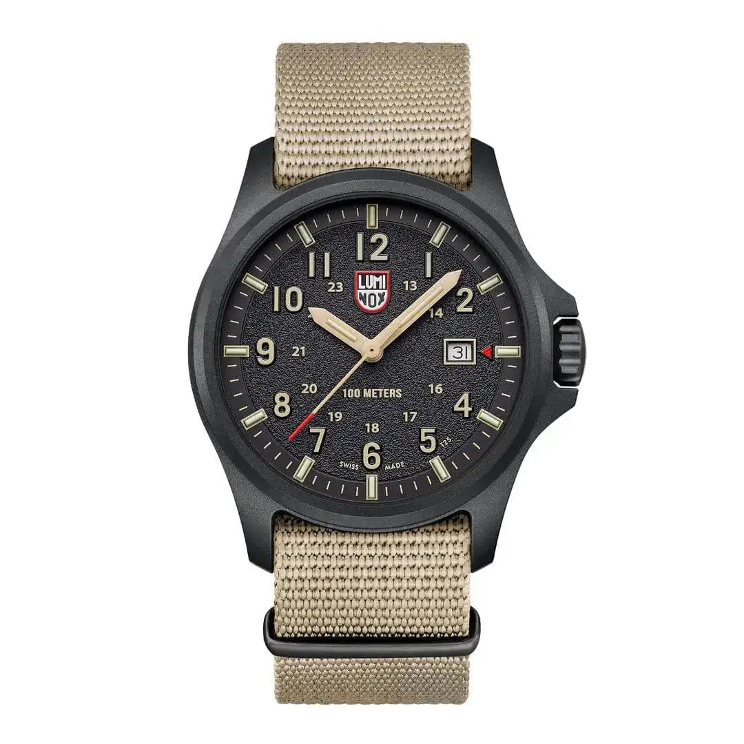 Luminox Atacama Field 1960 Series Watch Sand 43mm XL.1970.SET with a black dial, beige numerals, and a sand-colored fabric strap, designed for durability.  from  John Bull Clothing 