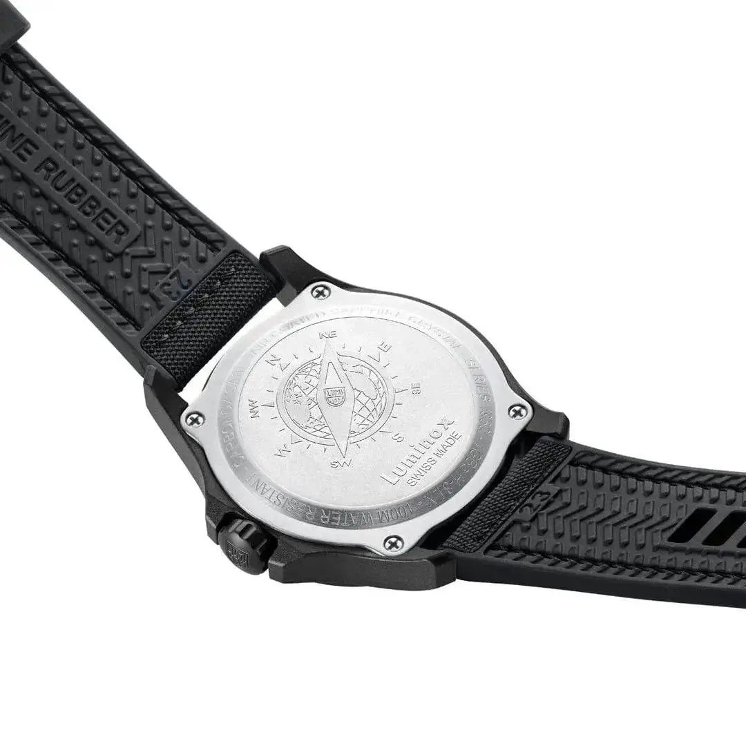 Back view of the Luminox Atacama Field 1960 Series Watch XL.1970.SET, featuring an engraved stainless steel case back with a compass design and water resistance details.  from  John Bull Clothing 