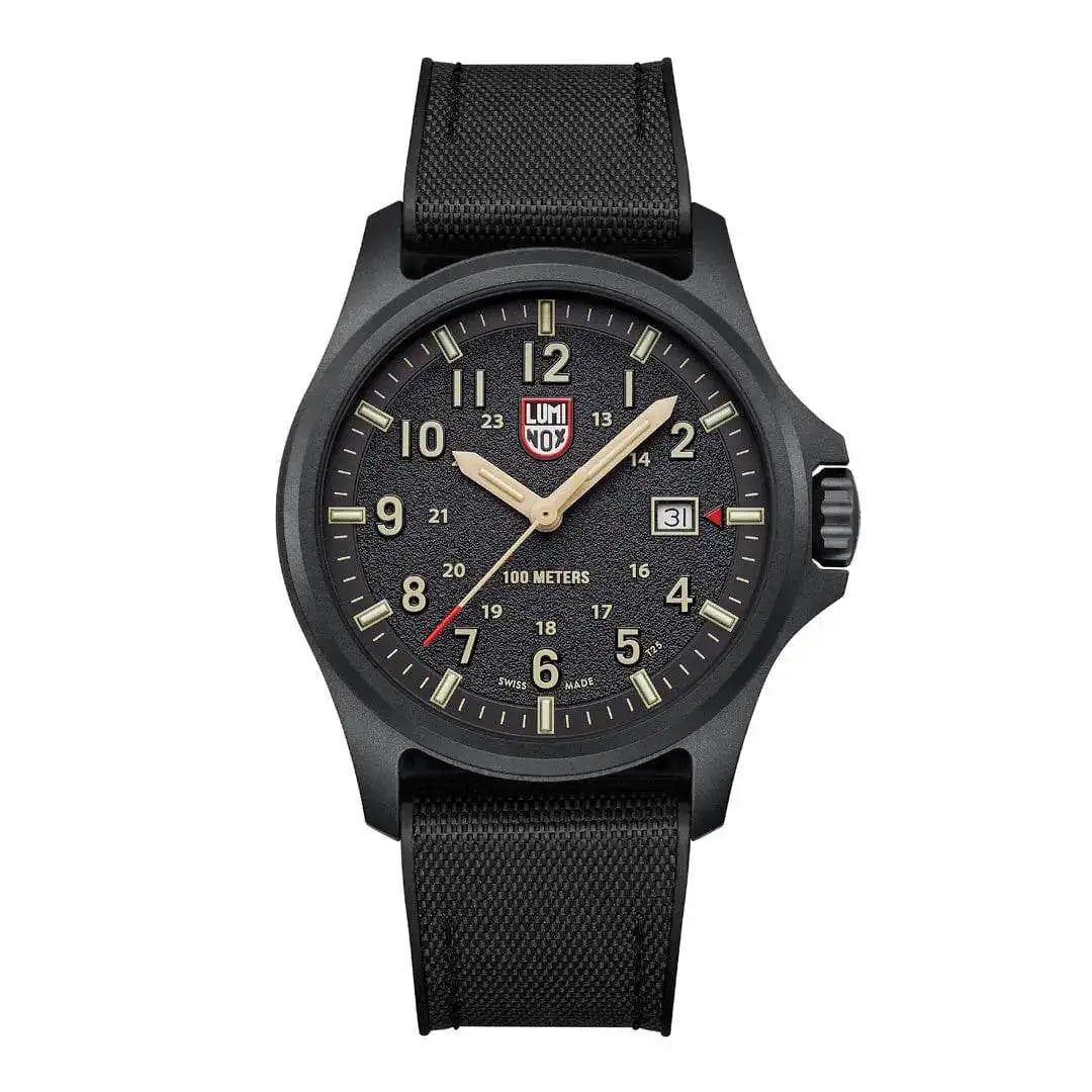 Luminox Atacama Field 1960 Series Watch XL.1970.SET with a black dial, beige numerals, and a black textured strap, offering a rugged and stylish look.  from  John Bull Clothing 