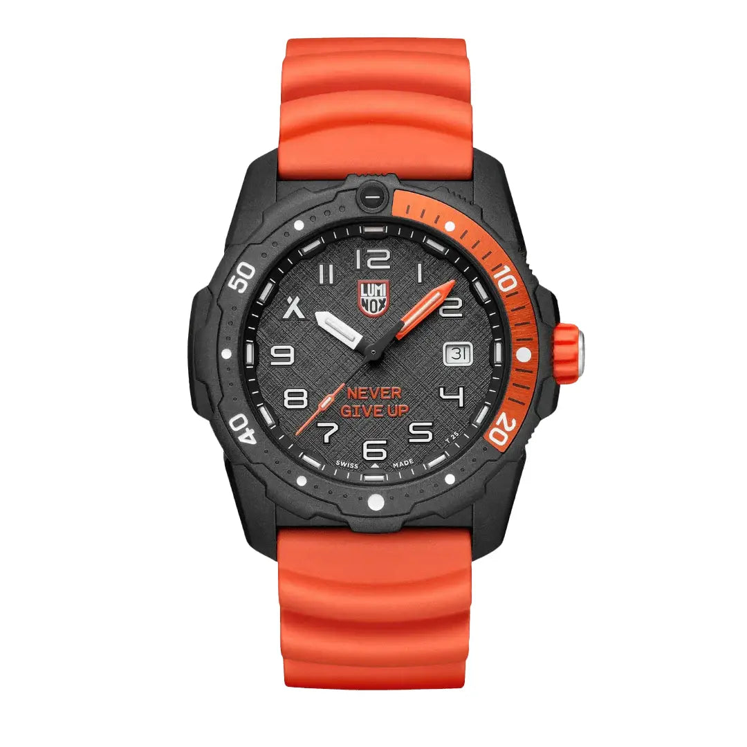 Luminox Bear Grylls Survival Explorer Watch 42mm XB.3729.NGU with black dial, orange bezel, and orange rubber strap for rugged outdoor use.