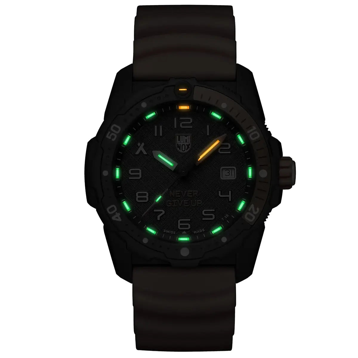 Luminox Bear Grylls Survival Explorer Watch 42mm XB.3729.NGU glowing in the dark with green and orange luminescent markers for night visibility.