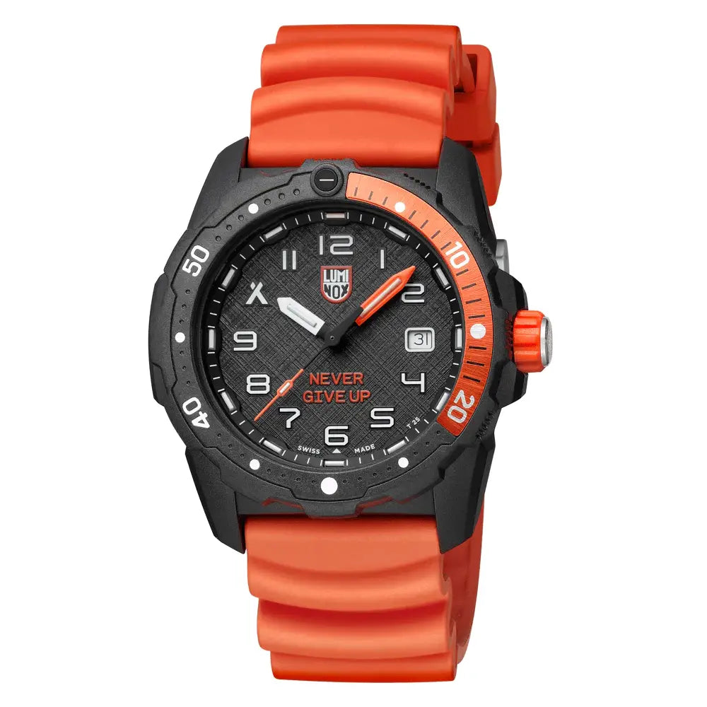 Front view of Luminox Bear Grylls Survival Explorer Watch 42mm XB.3729.NGU with bold orange strap and black Carbonox case for survival use.