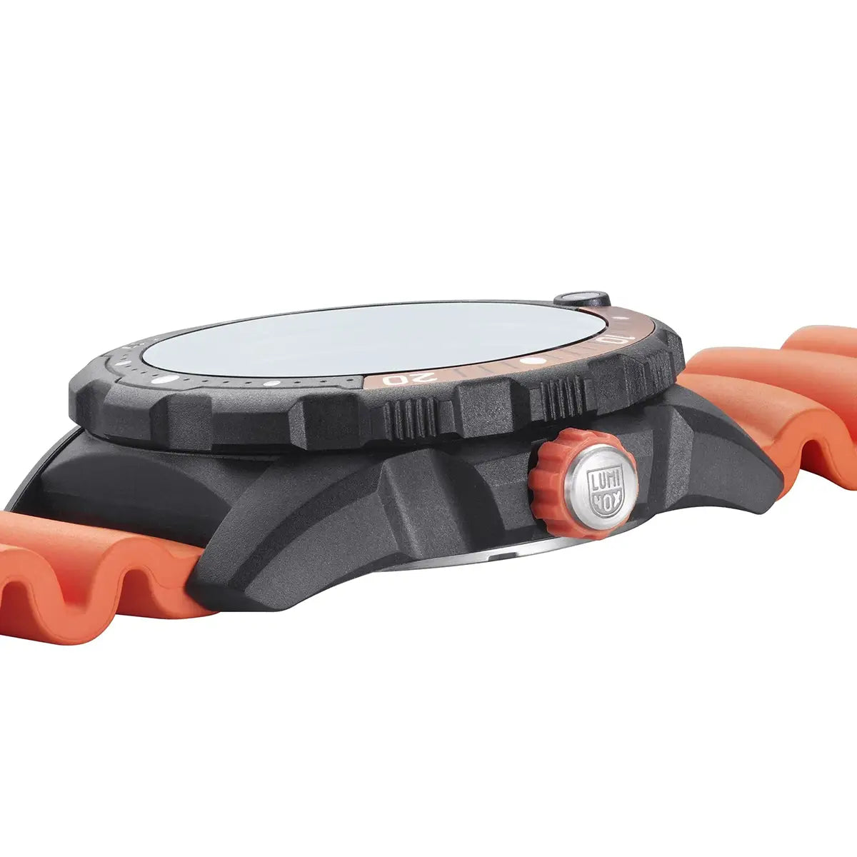Side profile of Luminox Bear Grylls Survival Explorer Watch 42mm XB.3729.NGU highlighting rugged Carbonox case and orange crown grip.