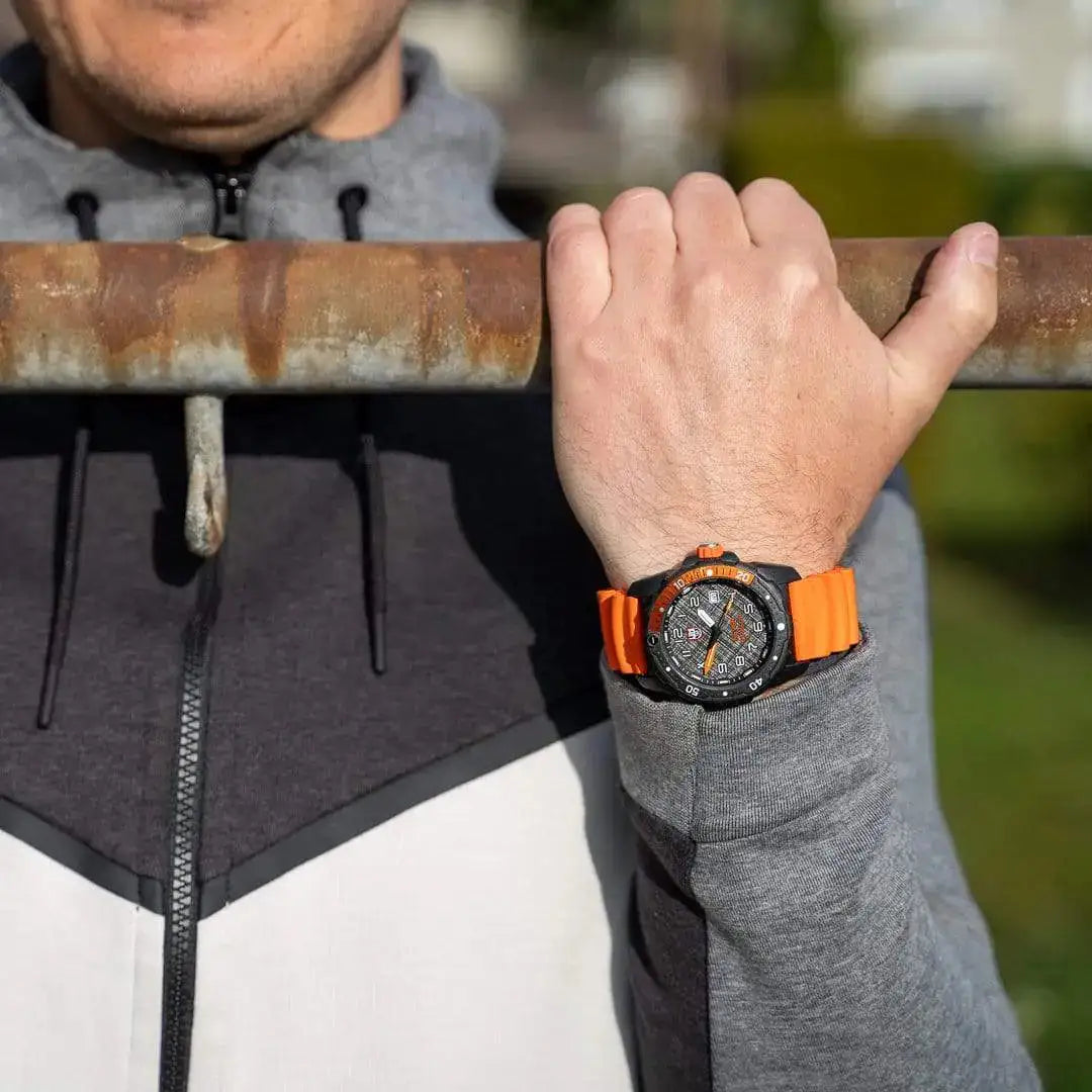 Luminox Bear Grylls Survival Explorer Watch 42mm XB.3729.NGU worn on wrist during outdoor workout, showcasing its sporty and rugged appeal.  from  John Bull Clothing 