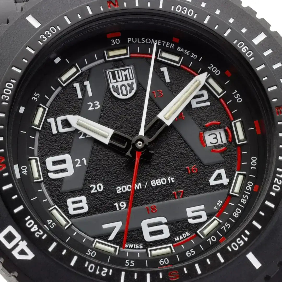 Luminox Ice-Sar 45mm outdoor explorer watch with black textured dial, white luminous hands, red second hand, and date display, SKU: JB1656