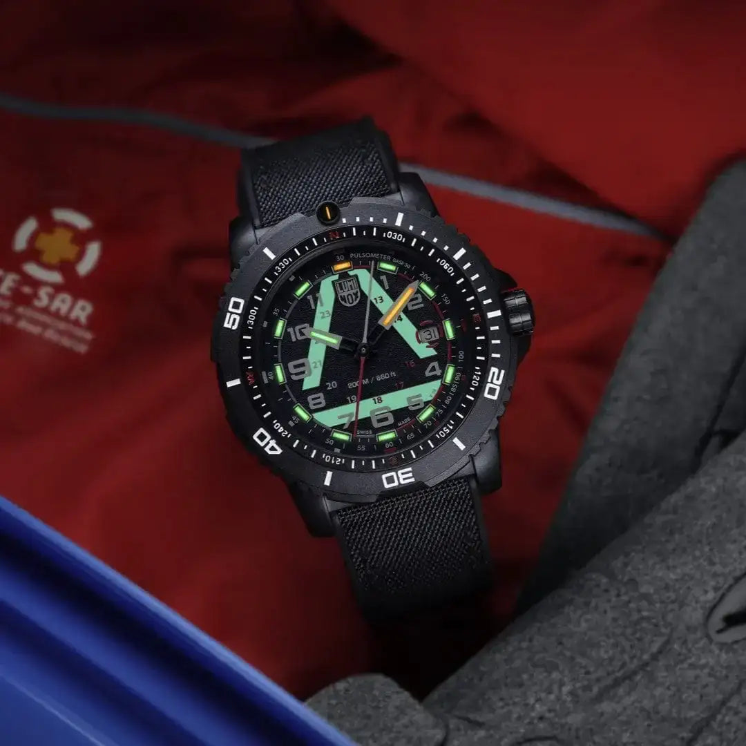 Black Luminox Ice-Sar 45mm outdoor explorer watch with luminous dial, carbonox material, unisex design, and rugged strap for adventure