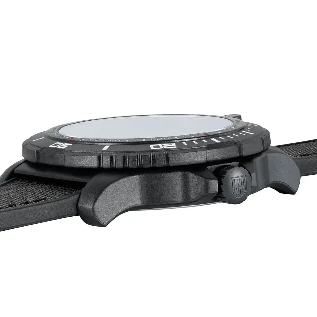 Close-up of the black bezel and crown of the Luminox Ice-Sar 45mm outdoor explorer watch, showing durable construction and design details