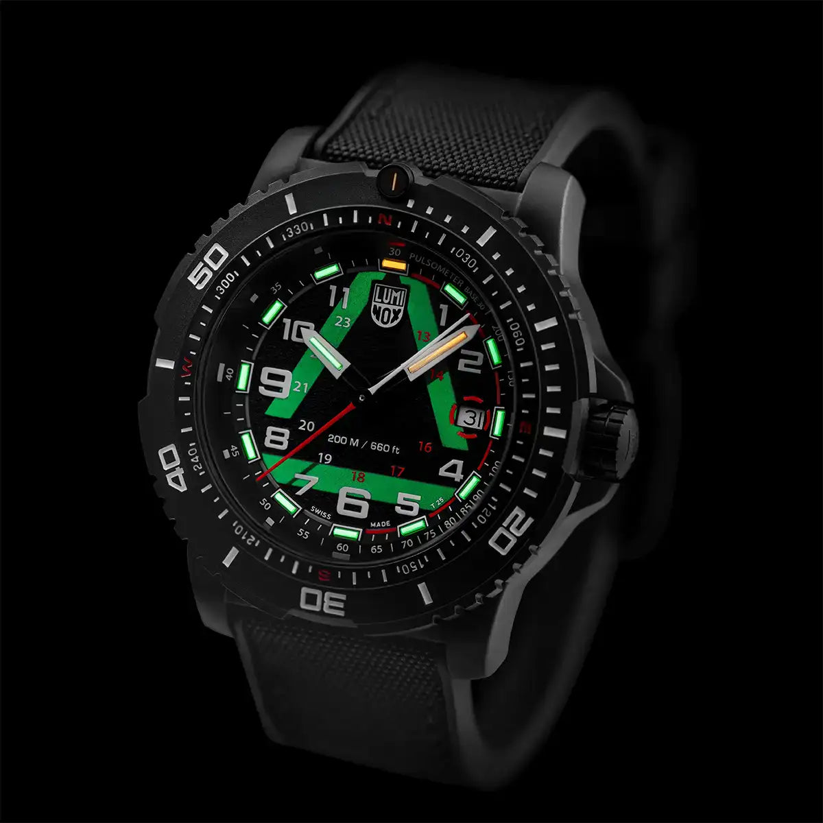Black Luminox outdoor explorer watch with luminous green and red markers, black rubber strap, and rotating bezel for diving and adventure