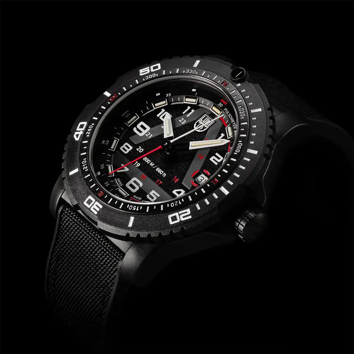 Black Luminox Ice-Sar 45mm outdoor explorer watch with analog display, durable carbonox material, unisex design, and detailed bezel