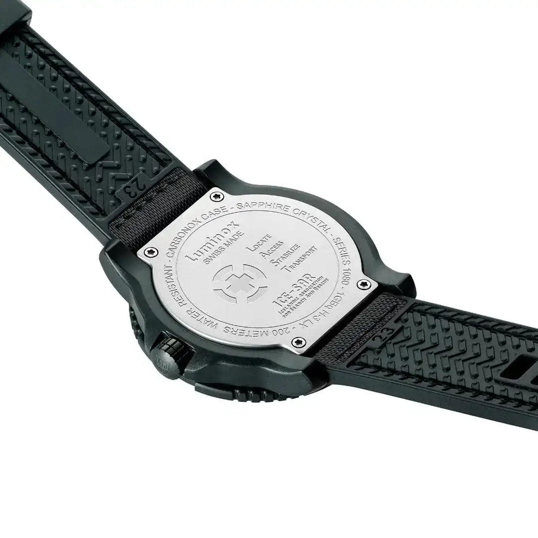 Back view of the Luminox Ice-Sar 45mm outdoor explorer watch with stainless steel case back, engraved with series and water resistance info