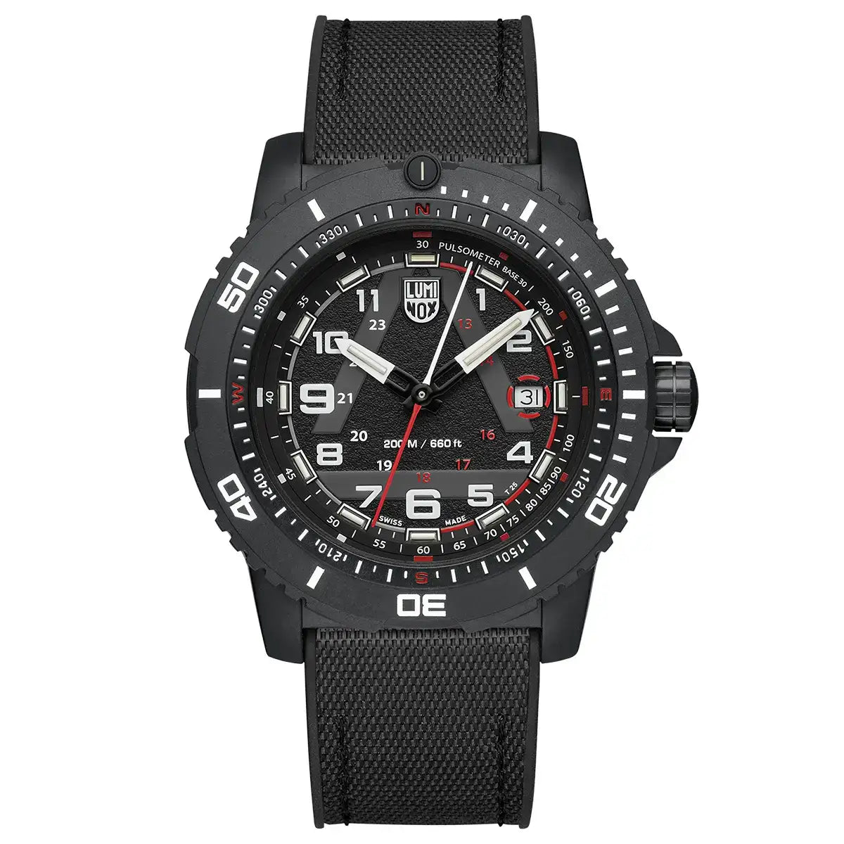 Luminox unisex black outdoor explorer watch with black strap, luminous dial, date window, and rotating bezel, SKU: JB1656