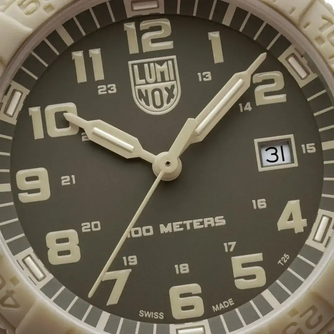 Luminox Leatherback SEA Turtle Giant 44mm watch with grey dial, luminous hands, date window, and beige rubber strap, water-resistant to 100 meters.