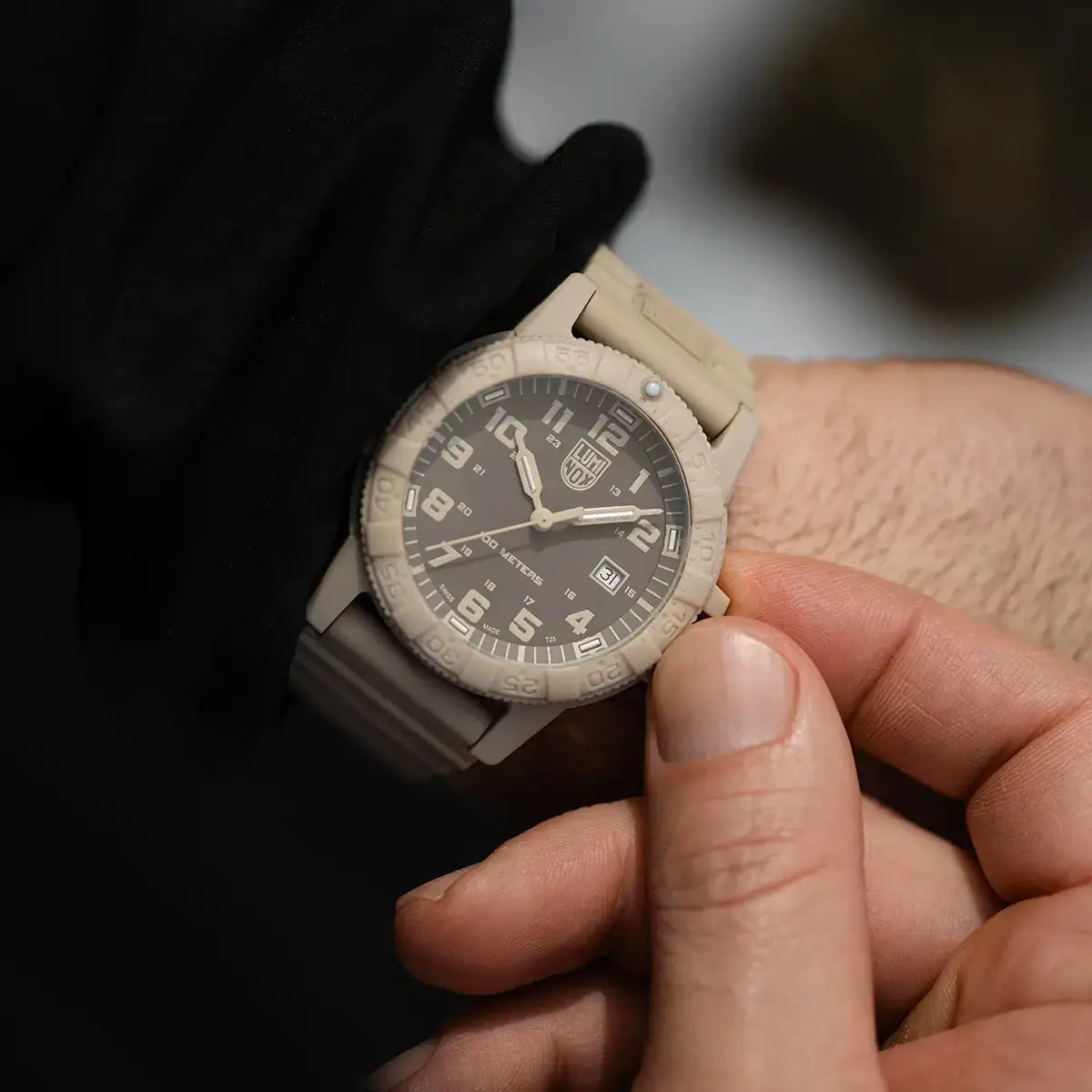 Luminox Leatherback Sea Turtle Giant 44mm watch with beige silicone strap, grey dial, luminous hands, date display, and unidirectional bezel
