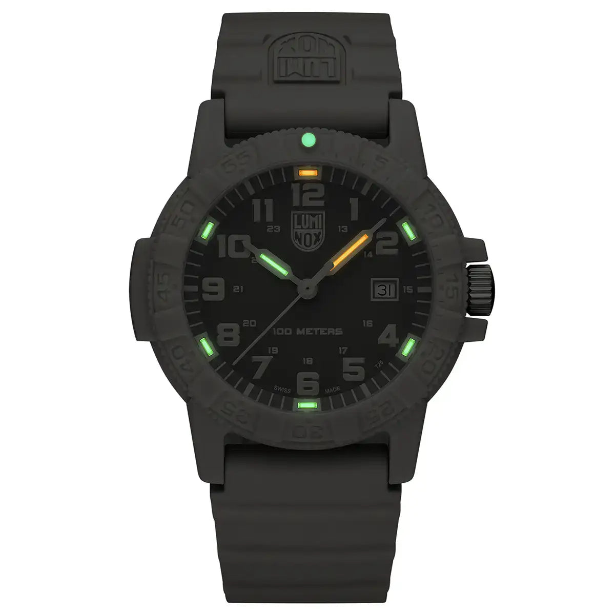 Luminox military-style watch with black dial, luminous hands and markers, date window, and black rubber strap, glow-in-the-dark features.