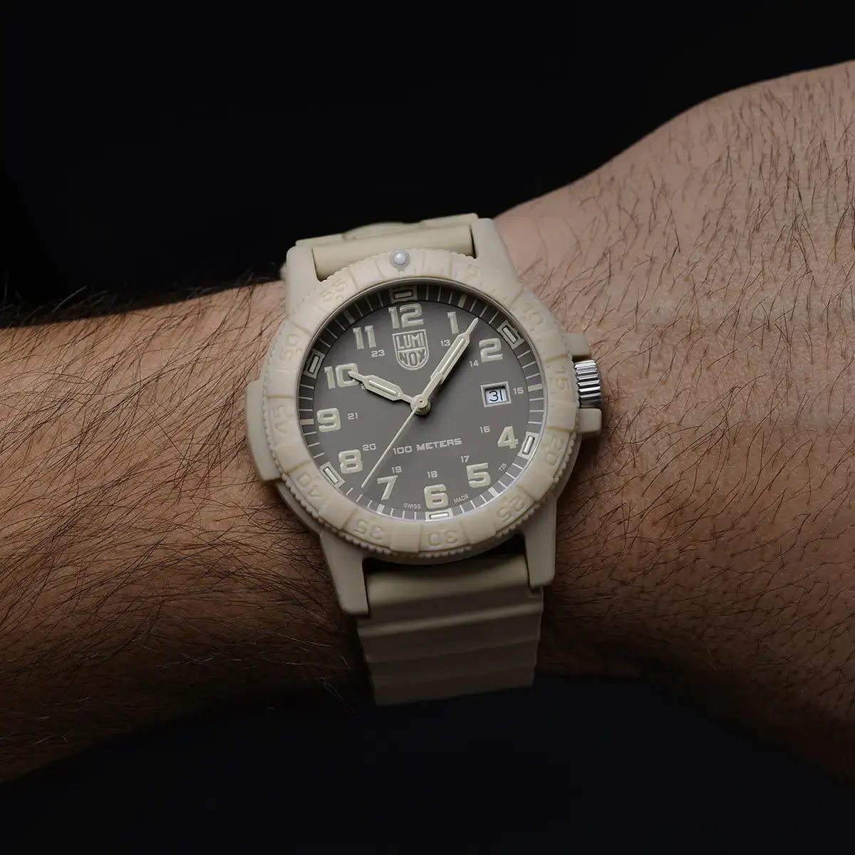 Luminox Leatherback SEA Turtle Giant 44mm watch with beige silicone strap, grey dial, luminous hands, date display, water-resistant to 100 meters