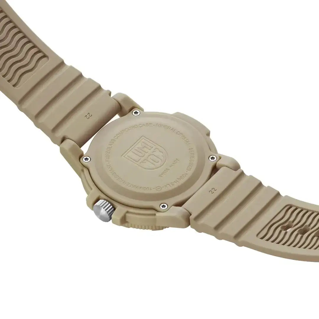 Beige Luminox Leatherback SEA Turtle Giant 44mm analogue watch with textured rubber strap, durable case back, and screw-down crown for outdoor use.
