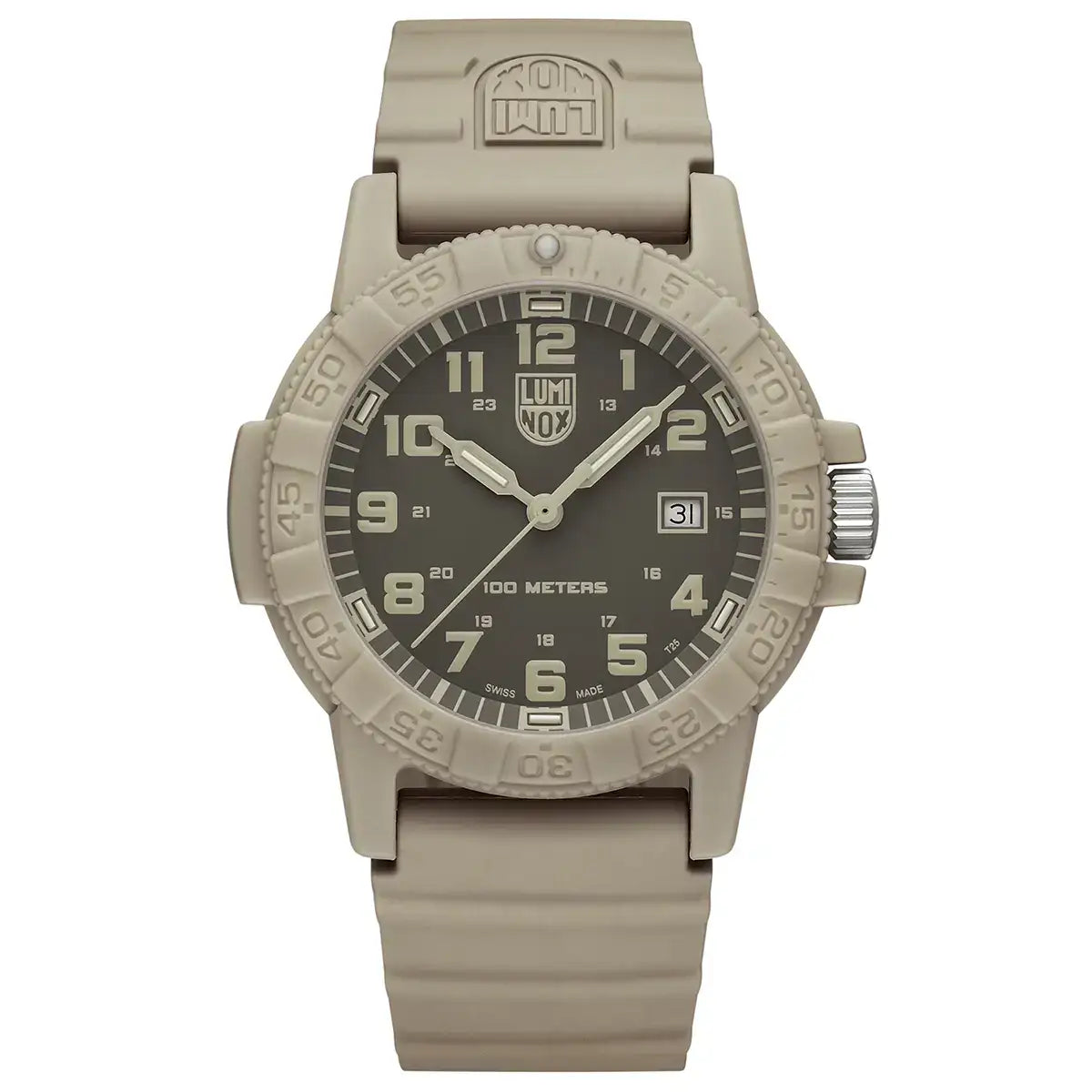 Luminox tactical watch with beige resin case, black dial, luminous markers, date display, and beige strap, water-resistant to 100 meters.
