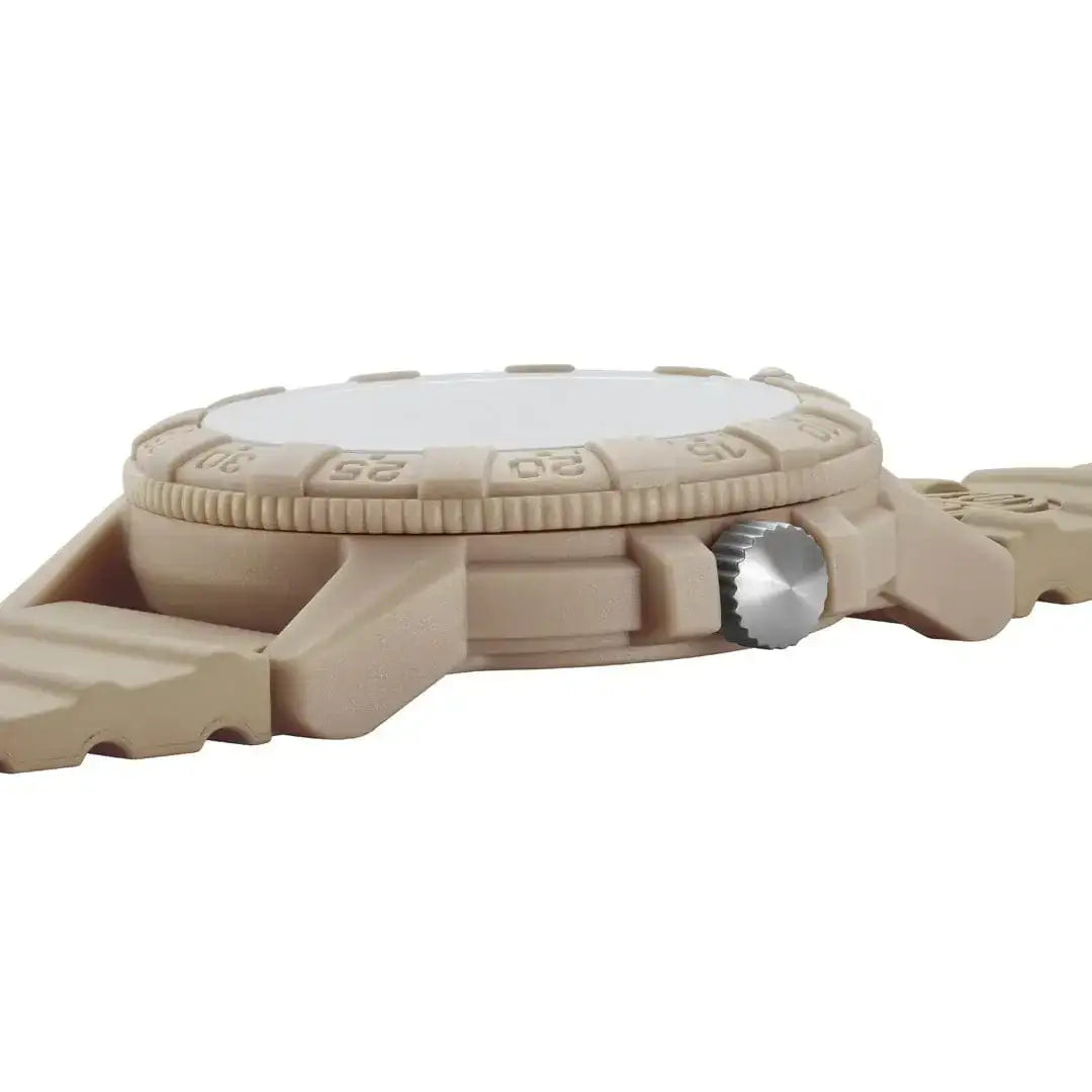 Back view of Luminox Leatherback Sea Turtle Giant 44mm watch showing beige case, screw-down case back, and textured crown