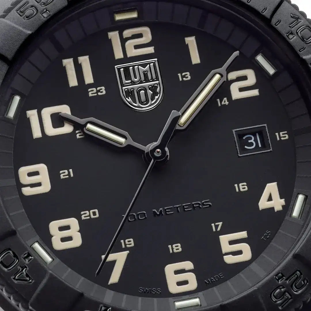 Detailed view of black Luminox Leatherback Sea Turtle Giant 44mm watch bezel with textured grip and luminous accents