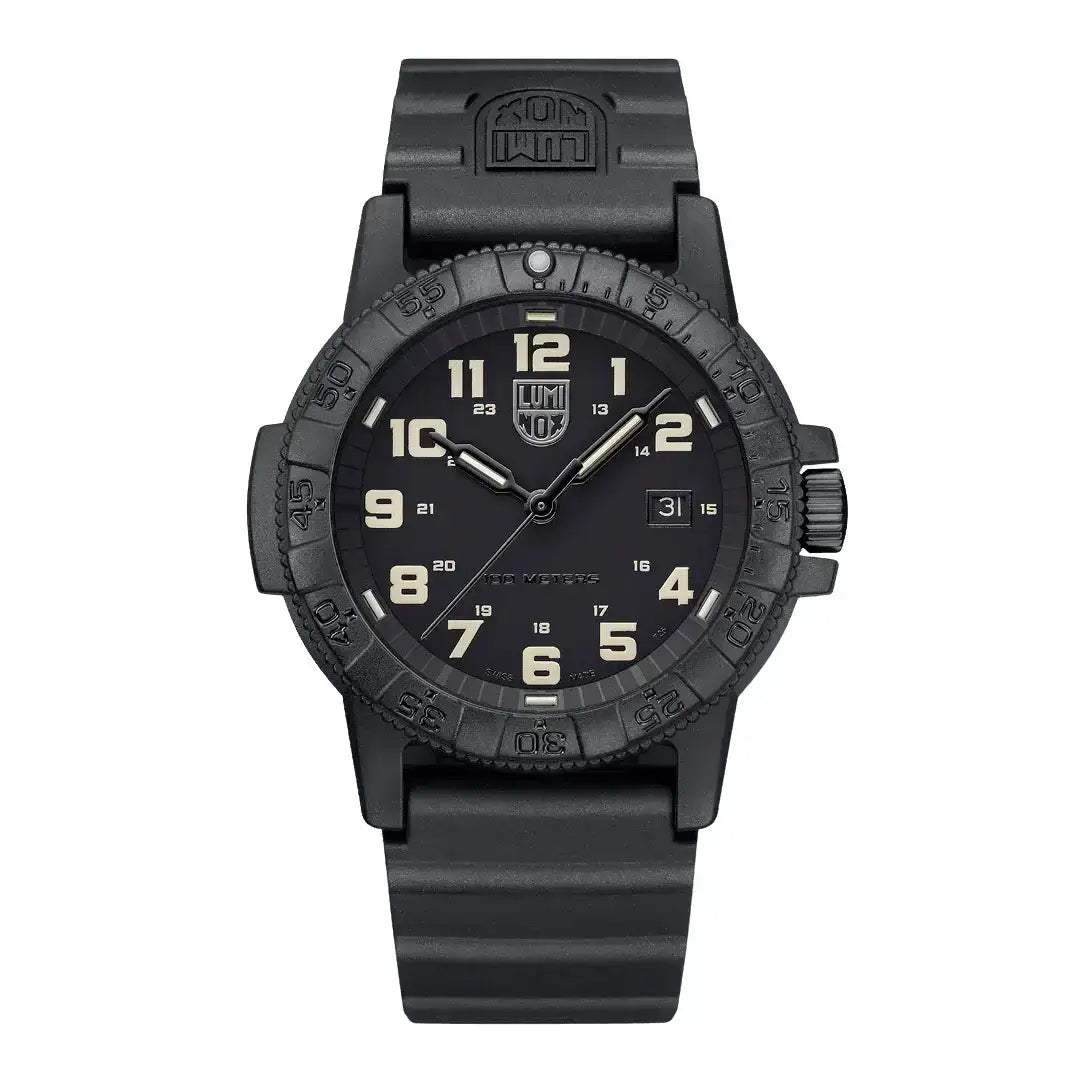 Black Luminox Leatherback Sea Turtle Giant 44mm outdoor analogue watch with durable black strap, luminous hands, and date display