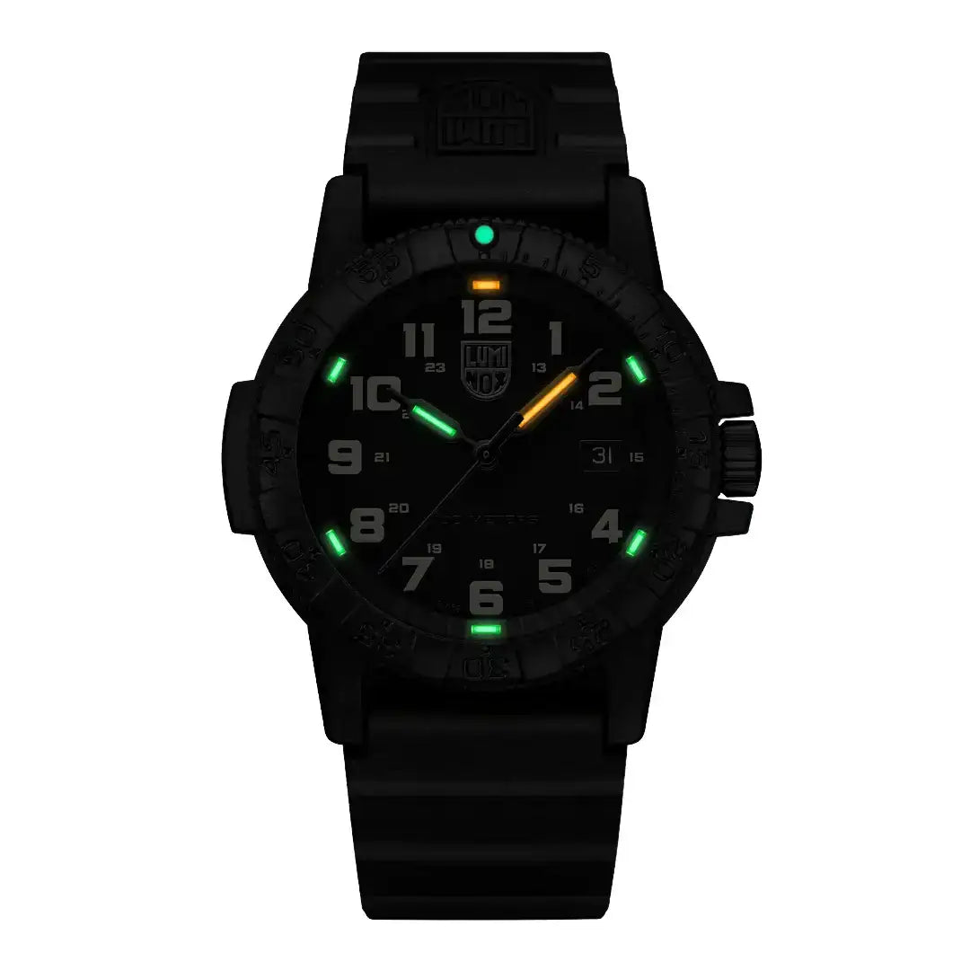Luminox Leatherback Sea Turtle Giant 44mm watch with black case and strap, luminous markers, and glow-in-the-dark features