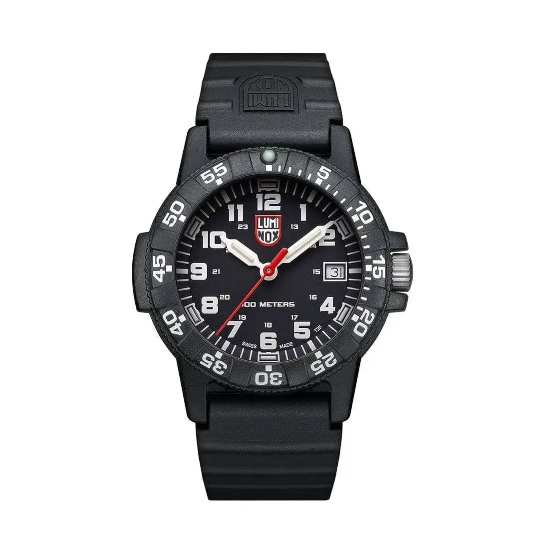 Luminox Leatherback Sea Turtle 0300 Series Watch XS.0301.L with a black dial, white numerals, and a durable black rubber strap. Water-resistant up to 100 meters.