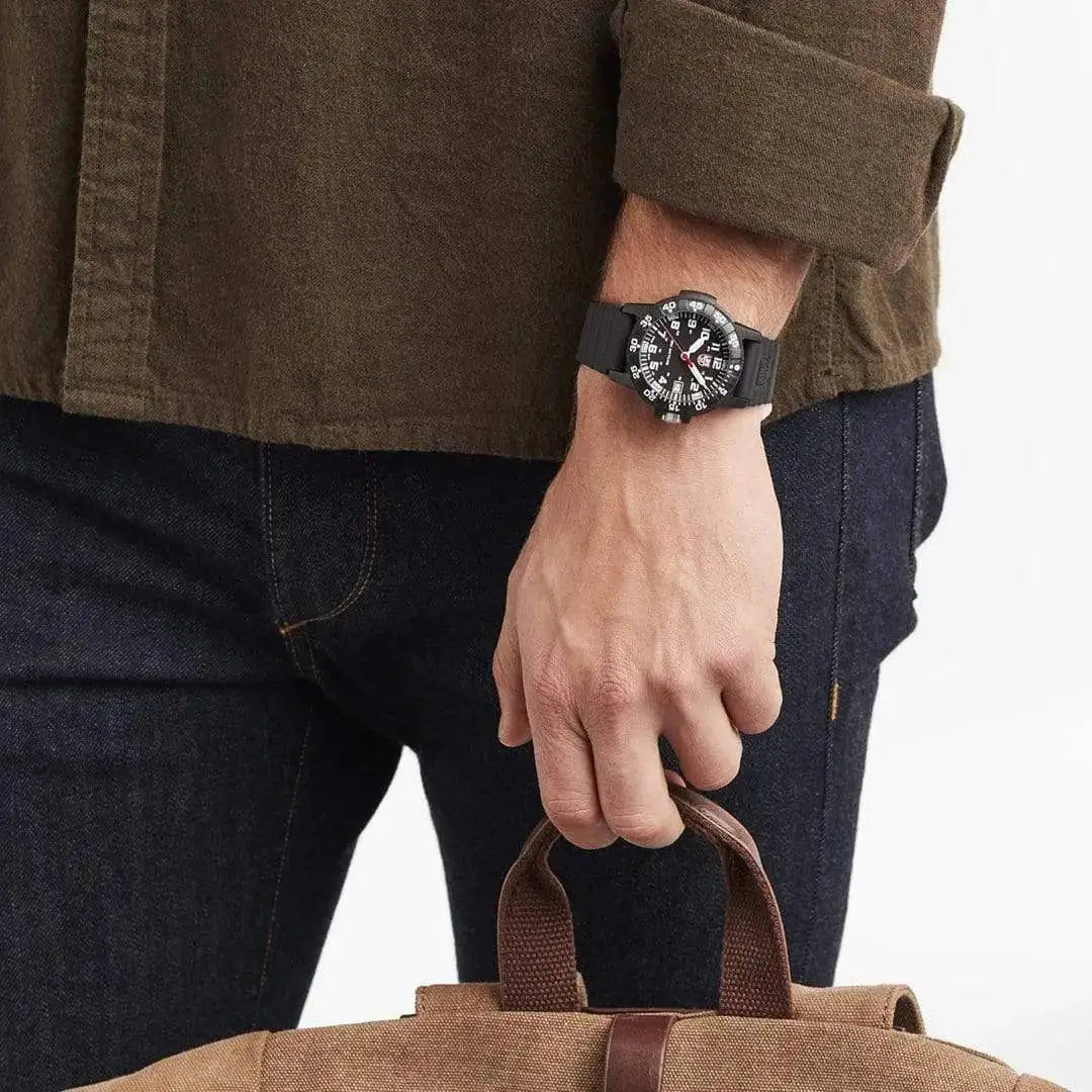 Luminox Leatherback Sea Turtle 0300 Series Watch XS.0301.L worn on a man's wrist, showcasing its rugged yet stylish design for everyday wear.  from  John Bull Clothing 