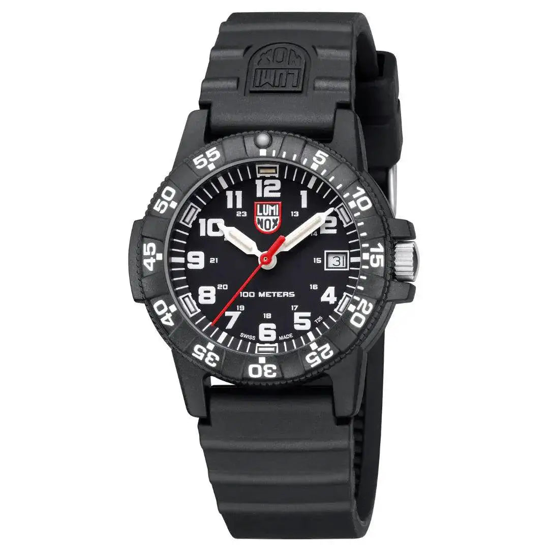 Side view of the Luminox Leatherback Sea Turtle 0300 Series Watch XS.0301.L, highlighting its black case, date display, and durable construction.  from  John Bull Clothing 