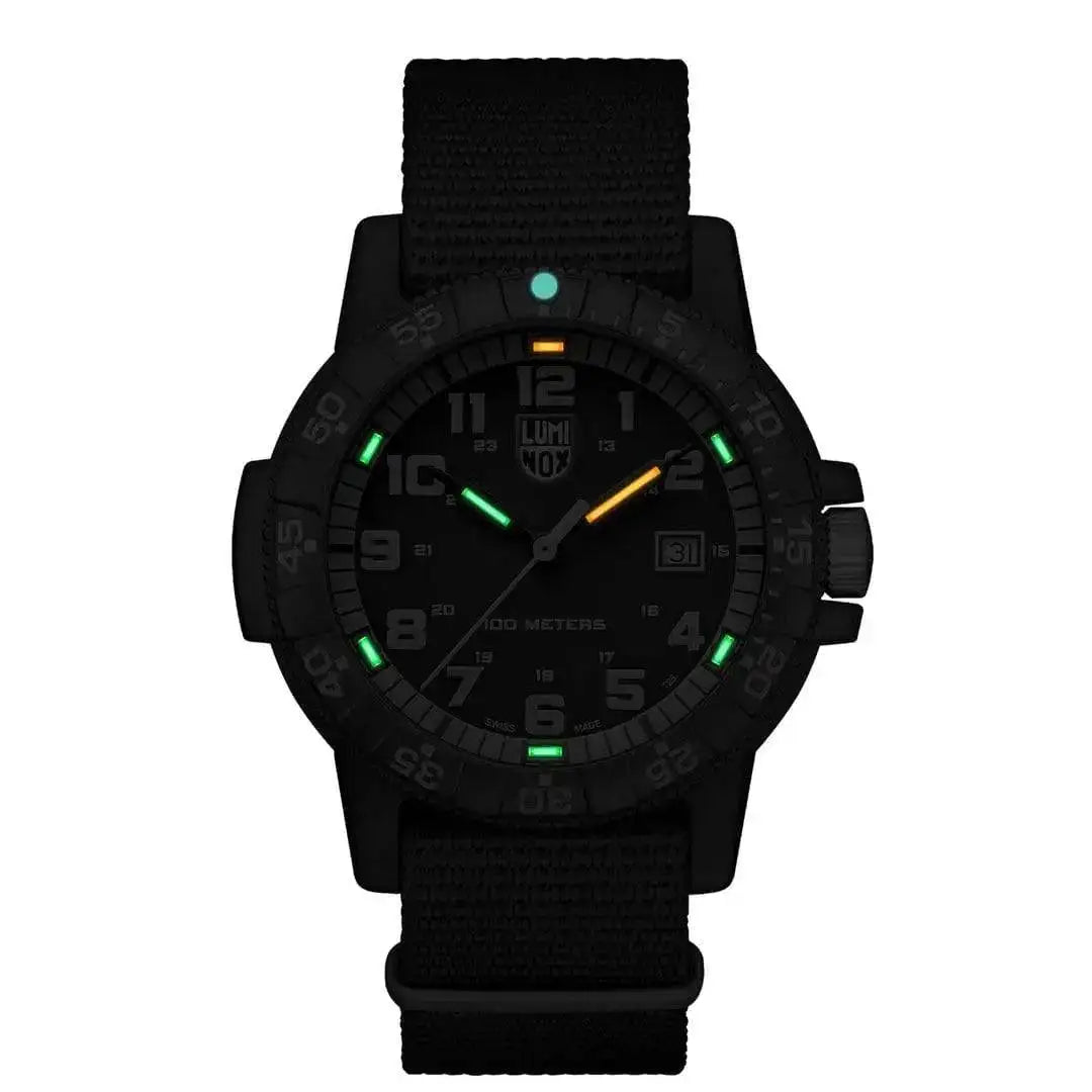 Luminox Leatherback Sea Turtle Giant 0320 Watch XS.0333 featuring glowing green and orange hands and markers for enhanced night visibility.  from  John Bull Clothing 