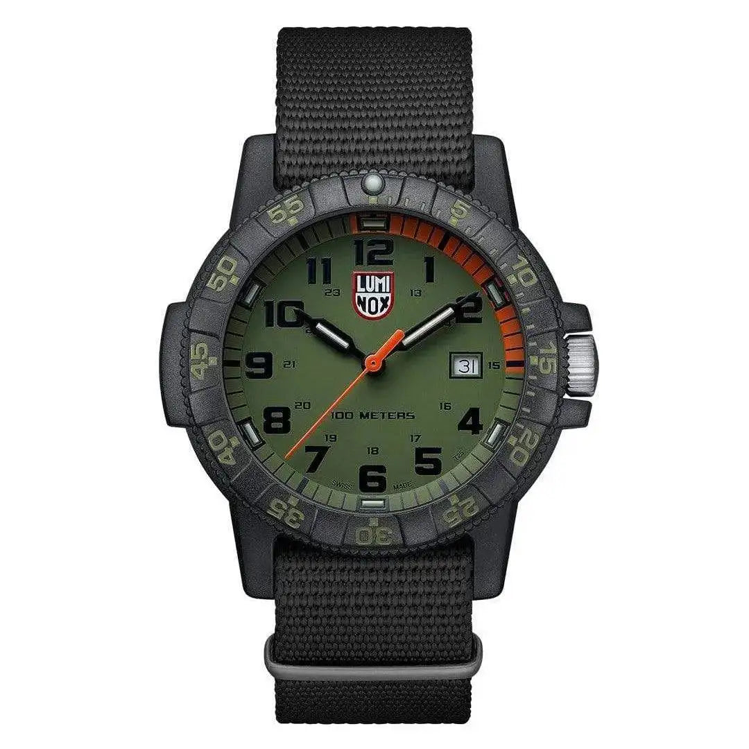 Luminox Leatherback Sea Turtle Giant 0320 Series Watch in green with a 44mm case, black nylon strap, and durable Carbonox construction.  from  John Bull Clothing 