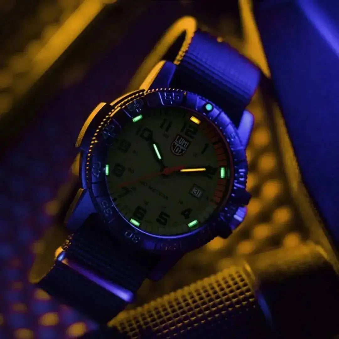 Luminox Leatherback Sea Turtle Giant 0320 Series Watch illuminated under low light, showcasing its self-powered luminescent technology.  from  John Bull Clothing 