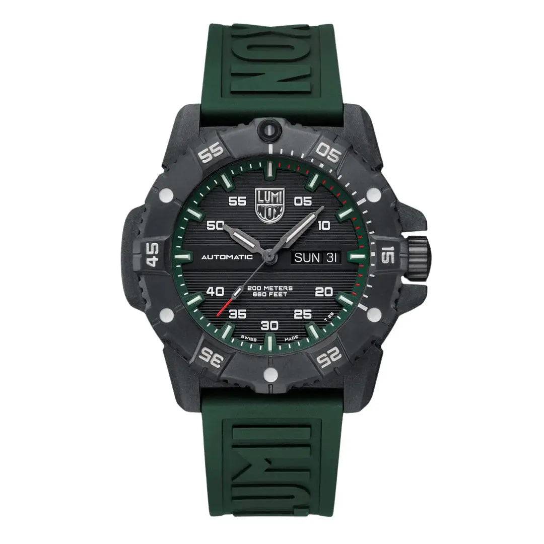 Luminox Master Carbon Seal Automatic 3860 Series Diver's Watch with a 45mm black carbon case and green rubber strap, featuring a rugged design.