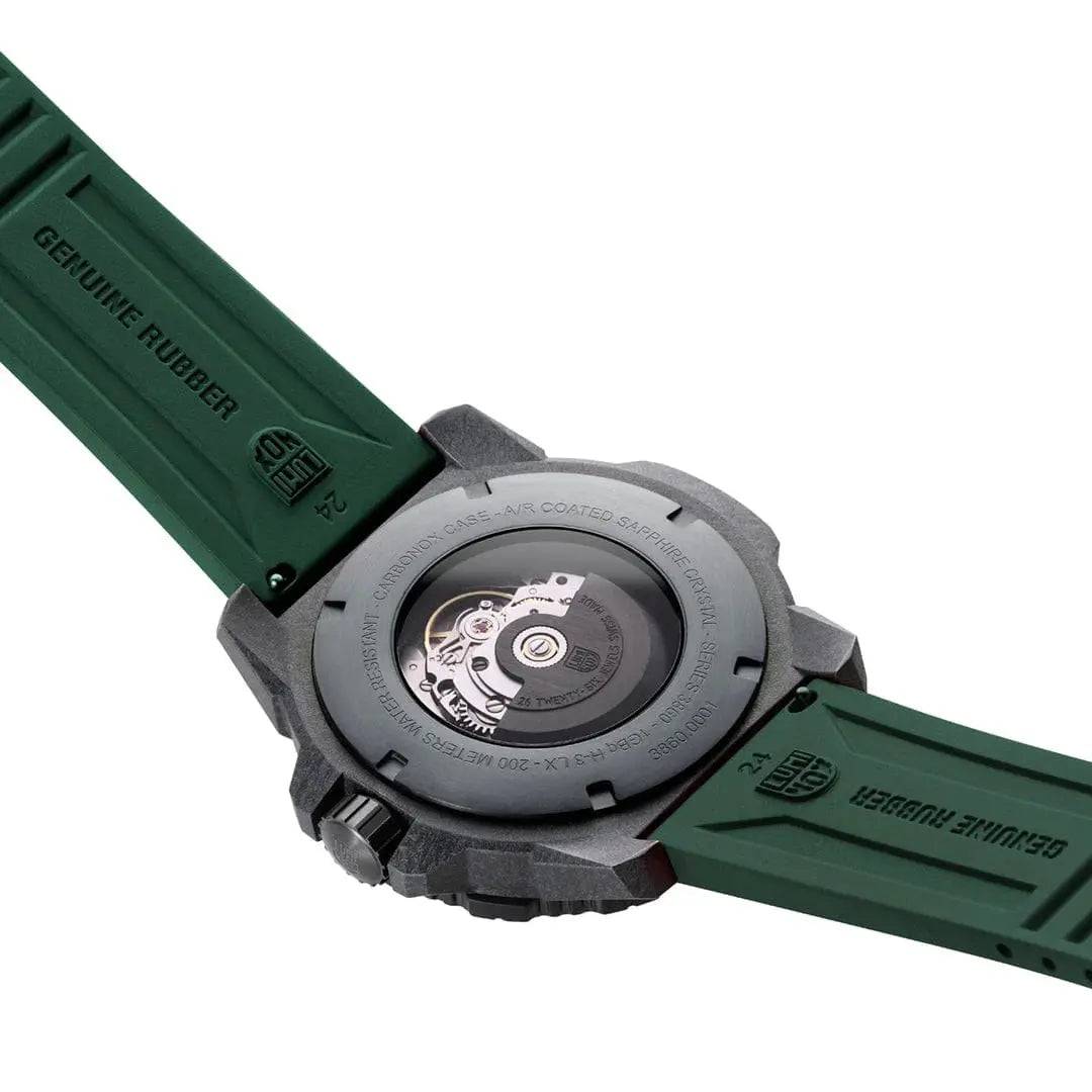 Back view of the Luminox Master Carbon Seal Automatic 3860 Series Diver's Watch, revealing the automatic movement through a transparent case back.