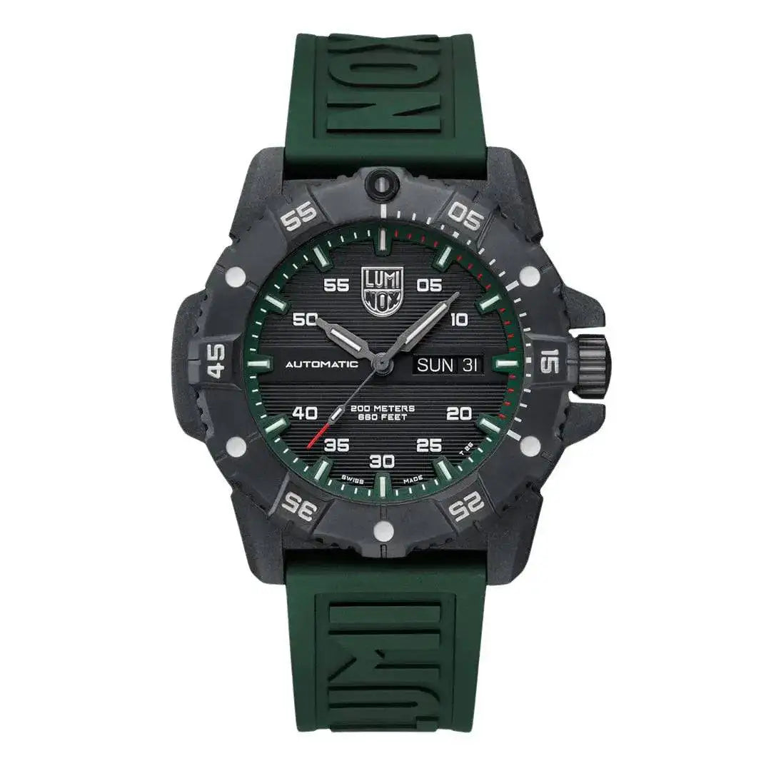 Luminox Master Carbon Seal Automatic 3860 Series Diver's Watch with a 45mm black carbon case and green rubber strap, featuring a rugged design.  from  John Bull Clothing 