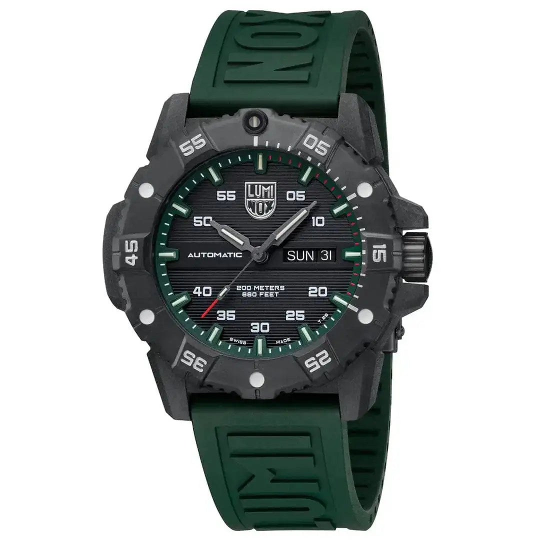 Luminox Master Carbon Seal Automatic 3860 Series Diver's Watch with a bold black dial, green strap, and durable carbon case for extreme conditions.  from  John Bull Clothing 