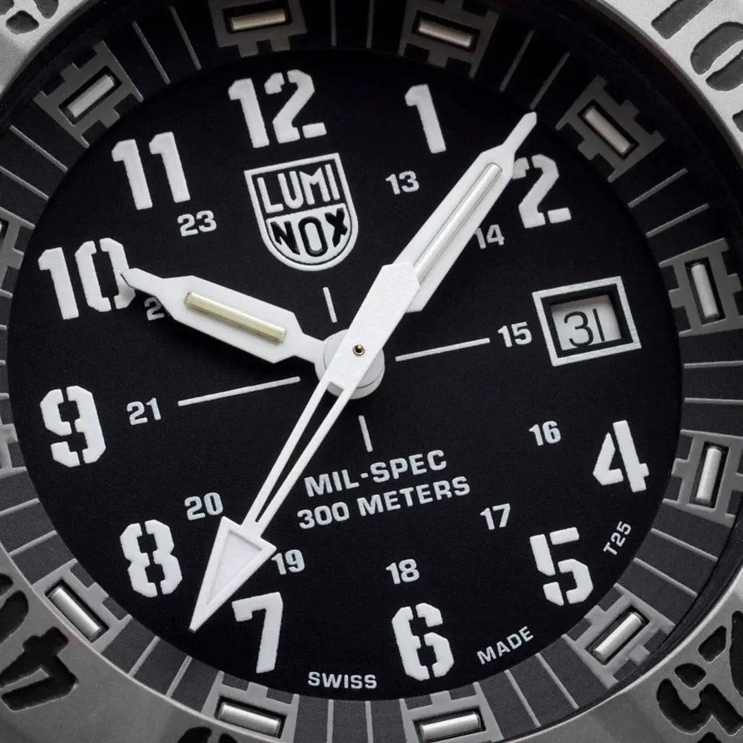 Close-up of Luminox Mil-Spec 3350 Series Watch 46mm Black XL.3351.SET dial showcasing bold numerals and precise Swiss movement.