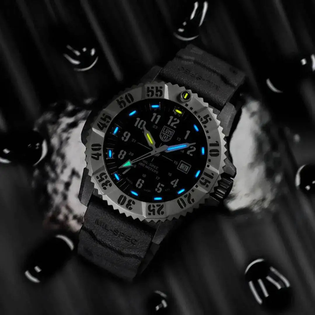 Luminox Mil-Spec 3350 Series Watch 46mm Black XL.3351.SET in a water-resistant setting, emphasizing its durability and performance.  from  John Bull Clothing 