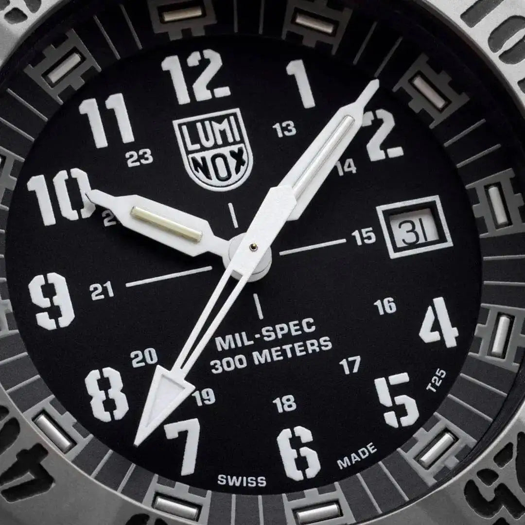 Close-up of Luminox Mil-Spec 3350 Series Watch 46mm Black XL.3351.SET dial showcasing bold numerals and precise Swiss movement.  from  John Bull Clothing 