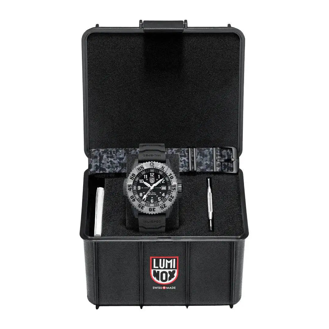 Luminox Mil-Spec 3350 Series Watch 46mm Black XL.3351.SET presented in a rugged black storage case with additional strap and tool.  from  John Bull Clothing 