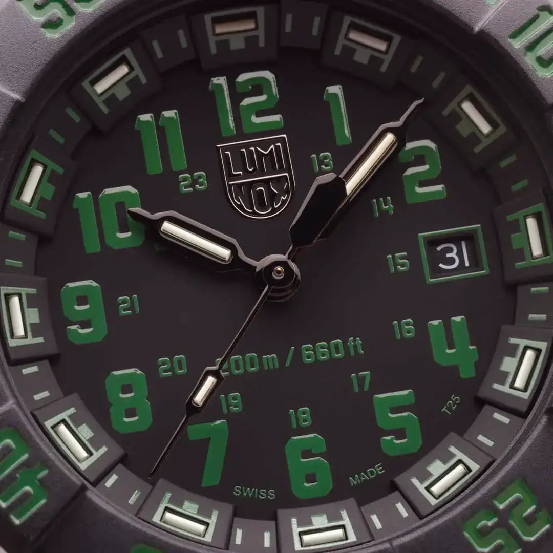 Luminox Navy Seal 44mm diver watch with black dial, green luminous markers, and date display, water-resistant up to 660 feet, Swiss made