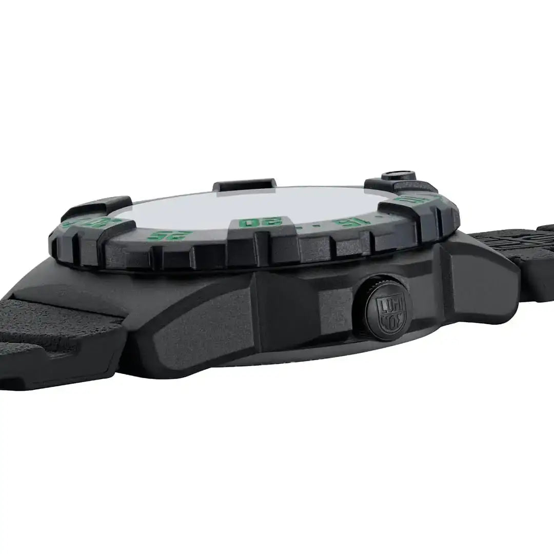 Side profile of black Luminox Navy Seal 44mm watch with luminous hands, rotating bezel, and durable construction for diving