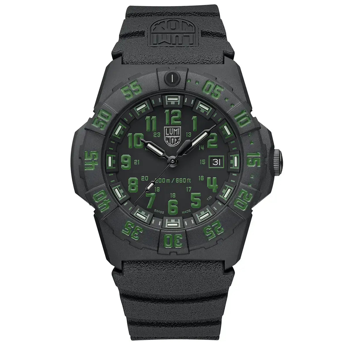 Black Luminox Navy Seal 44mm analogue watch with green luminous accents, durable rubber strap, and rotating bezel for diving