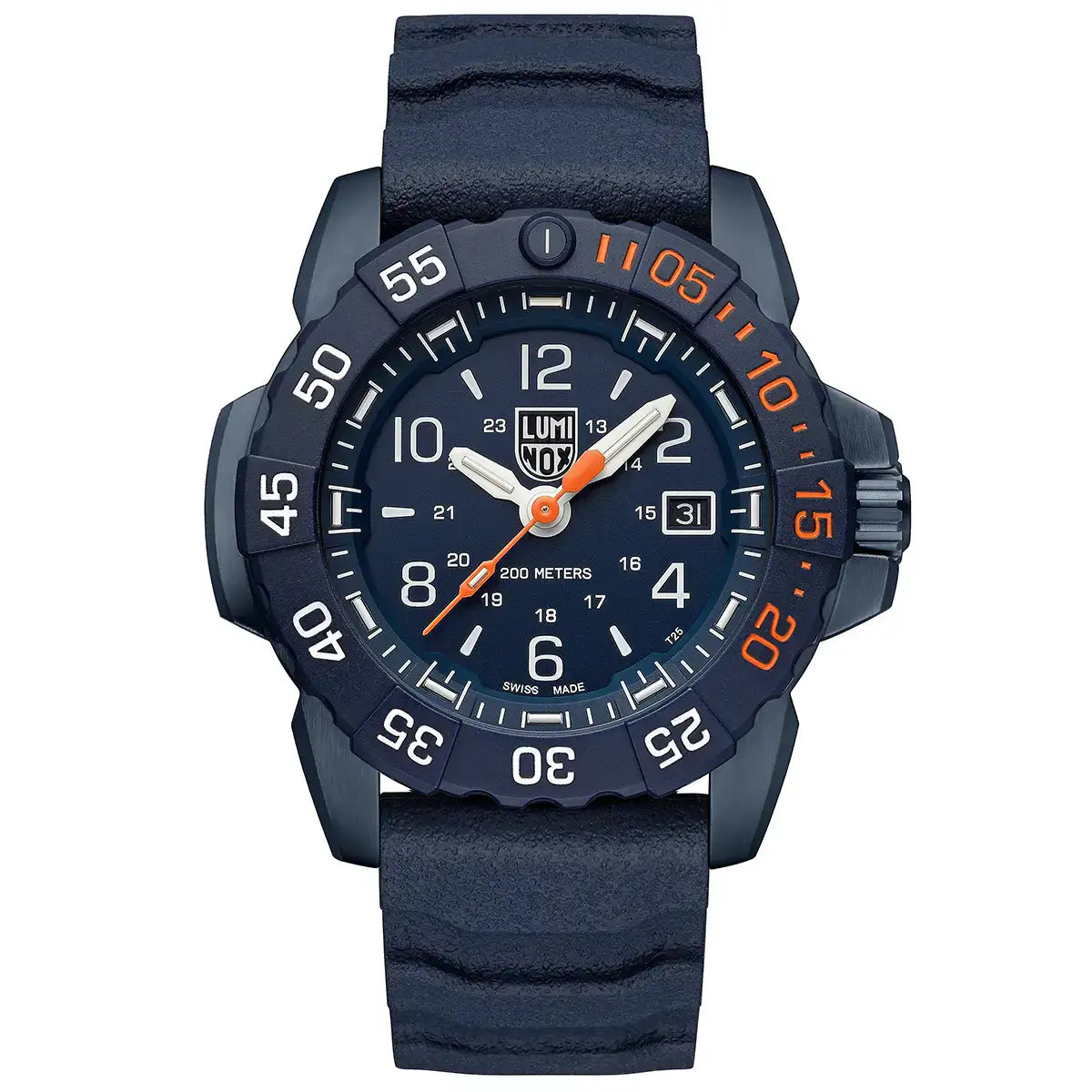 Luminox Navy Seal Foundation Back to Blue military watch with navy blue dial, luminous hands, orange accents, black case, and orange strap, SKU: JB1659
