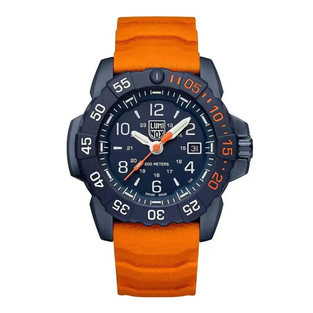 Luminox Navy Seal Foundation Back to Blue military watch glowing in the dark with luminous hands, orange second hand, and orange strap, SKU: JB1659