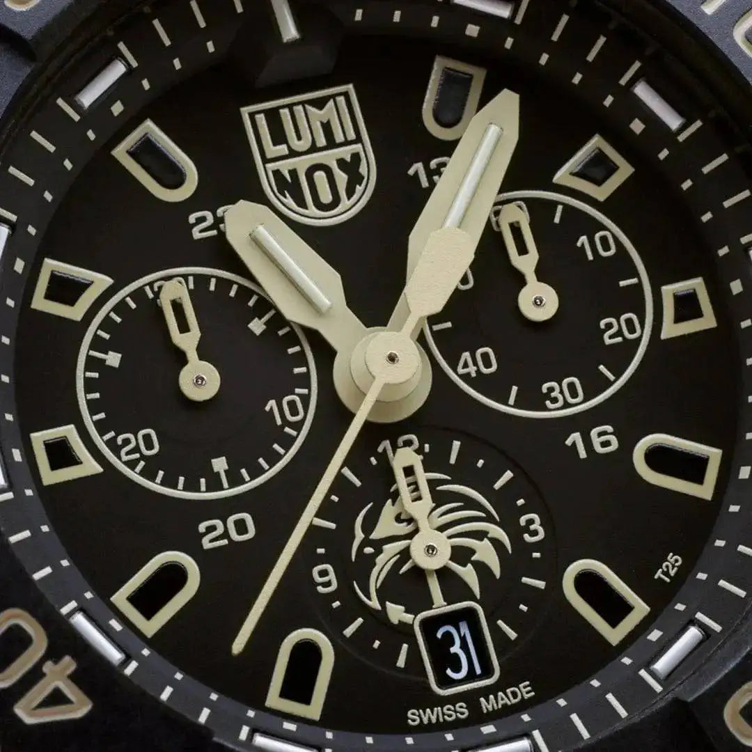 Close-up of the Luminox Navy SEAL Foundation Chronograph Dive Watch dial showcasing chronograph subdials and luminescent hands.  from  John Bull Clothing 