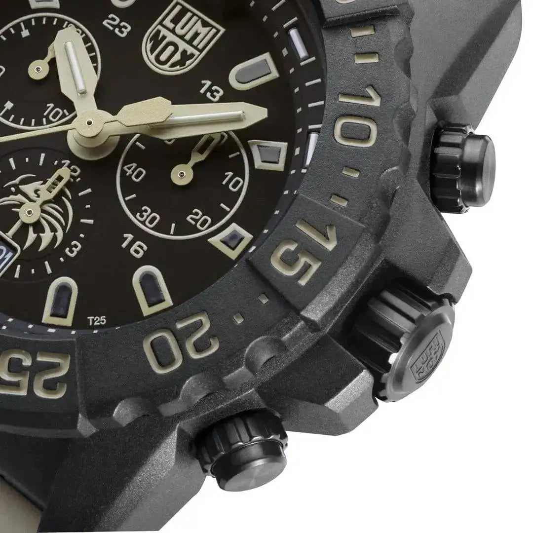 Detailed view of the Luminox Navy SEAL Foundation Chronograph Dive Watch bezel and pushers, highlighting its rugged design.  from  John Bull Clothing 