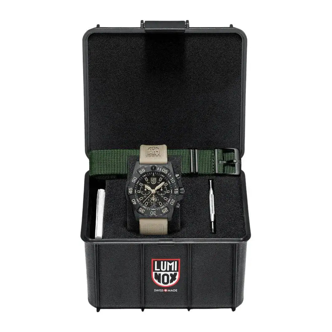 Luminox Navy SEAL Foundation Chronograph Dive Watch in a black protective case with an extra strap and tool for customization.  from  John Bull Clothing 