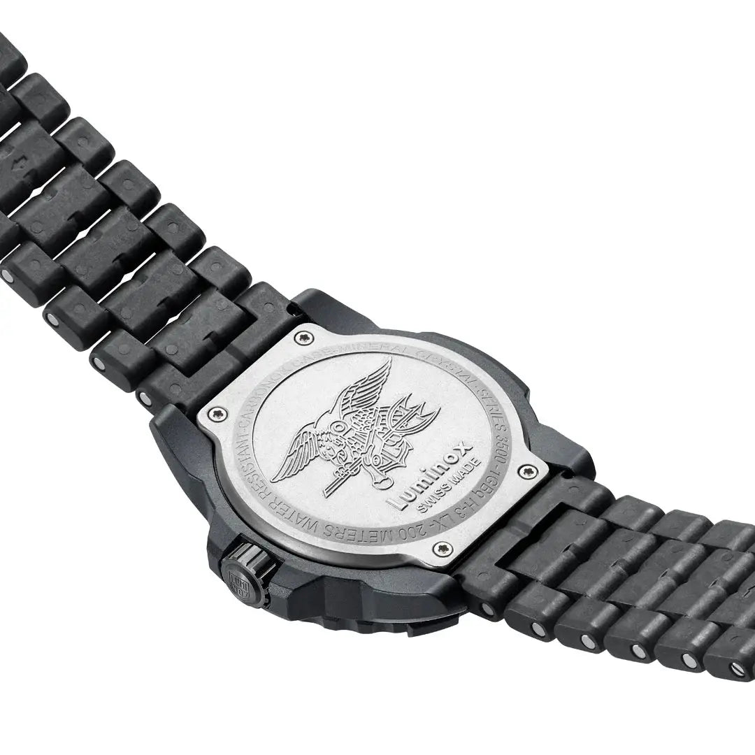 Back view of Luminox Navy Seal Military Black Dive Watch 45mm XS.3510 featuring Navy SEAL insignia engraved on stainless steel case back.