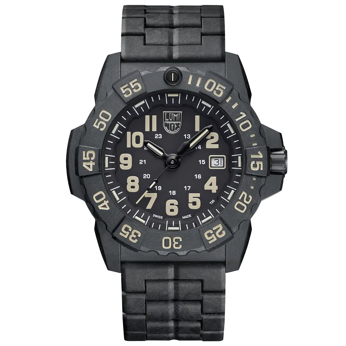 Luminox Navy Seal Military Black Dive Watch 45mm XS.3510 with beige numerals, date display, and rugged Carbonox case for tactical durability.